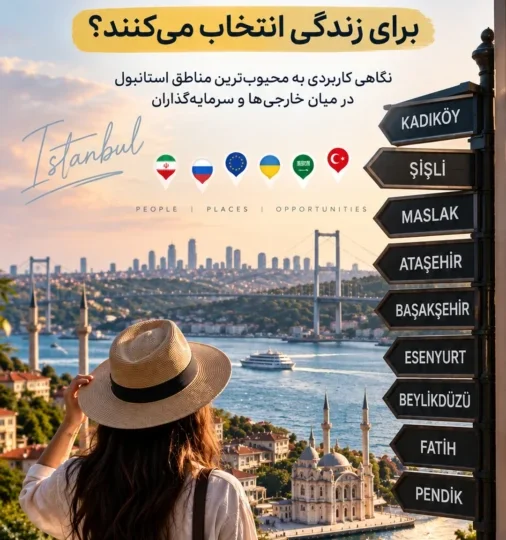 نمای عمودی استانبول با نشانه‌های مناطق مختلف و موضوع انتخاب محل زندگی توسط ملیت‌های گوناگون.