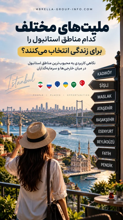 نمای عمودی استانبول با نشانه‌های مناطق مختلف و موضوع انتخاب محل زندگی توسط ملیت‌های گوناگون.
