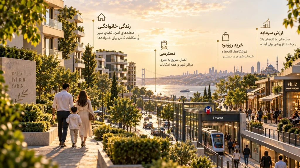 اینفوگرافیک تصویری درباره عوامل انتخاب محل زندگی در استانبول شامل زندگی خانوادگی، دسترسی، خرید روزمره و ارزش سرمایه.